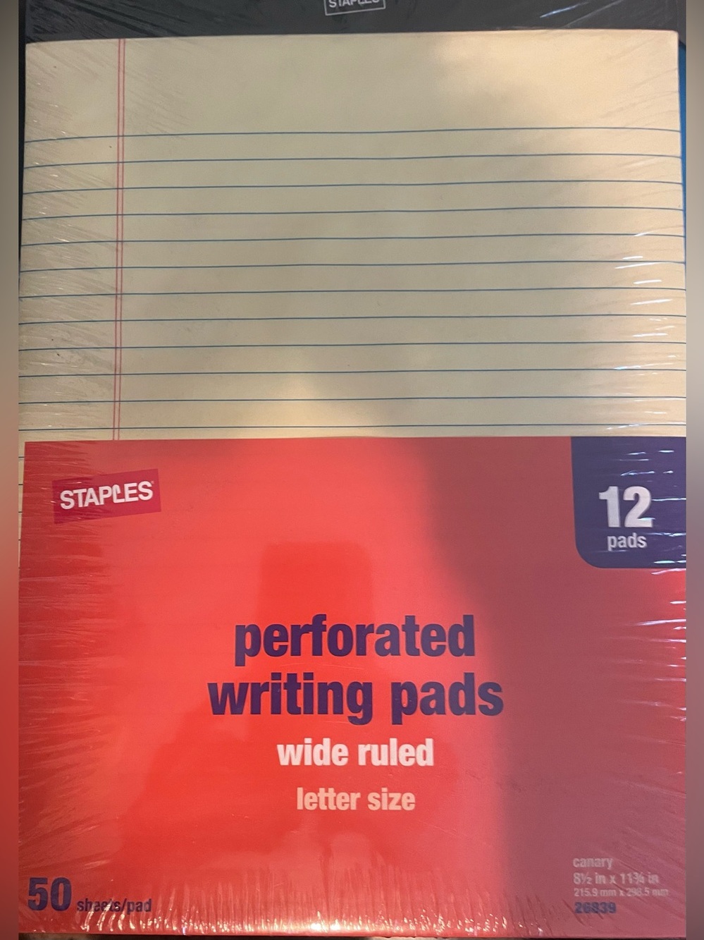 Staples writing tablets. 12 pack, 50 sheets per pack. New in plastic.